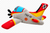 Peluche del avión Pilatus PC-21 del Ejército del Aire español visto de frente con hélice, alas rojas y cabina azul.