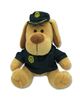 Peluche de perro policía sentado, con uniforme y gorra de la Policía Nacional, sobre fondo blanco.