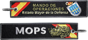 Llavero de tela Mando de Operaciones MOPS Negro con carro de combate o tanque, bandera española en las dos caras escudo y bordado de mucha calidad, estado mayor de la defensa