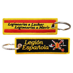 Llavero de tela Legión Española bandera española legionarios a luchar legionarios a morir bordes amarillos gran calidad escudo de la legion llavero de 3x10 cm