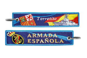Llavero de tela Armada Española Torrotito Azul con bordado de alta calidad por delante y por detras y bandera española y barco militar