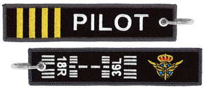 Llavero de tela Capitan Piloto Comercial negro con escudo y pista de aterrizaje de alta calidad 18R 36L bordado por delante y detras